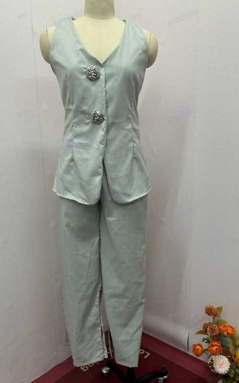 Women Summer Solid Sleeveless Vest And Pant Two-piece Set