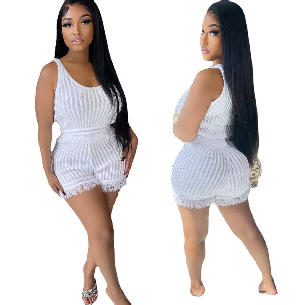 Women'S Sweet Solid Color Tassel Two-Piece Shorts Set 9