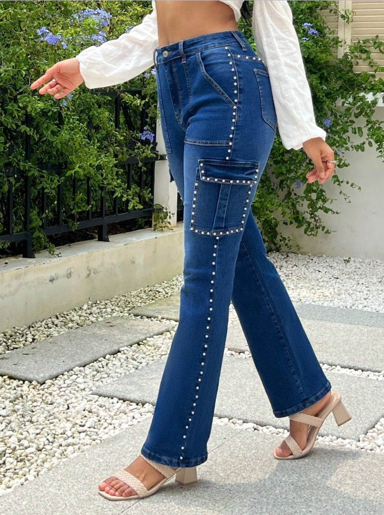 Women Button Rivet Dark Blue Denim Pants 6