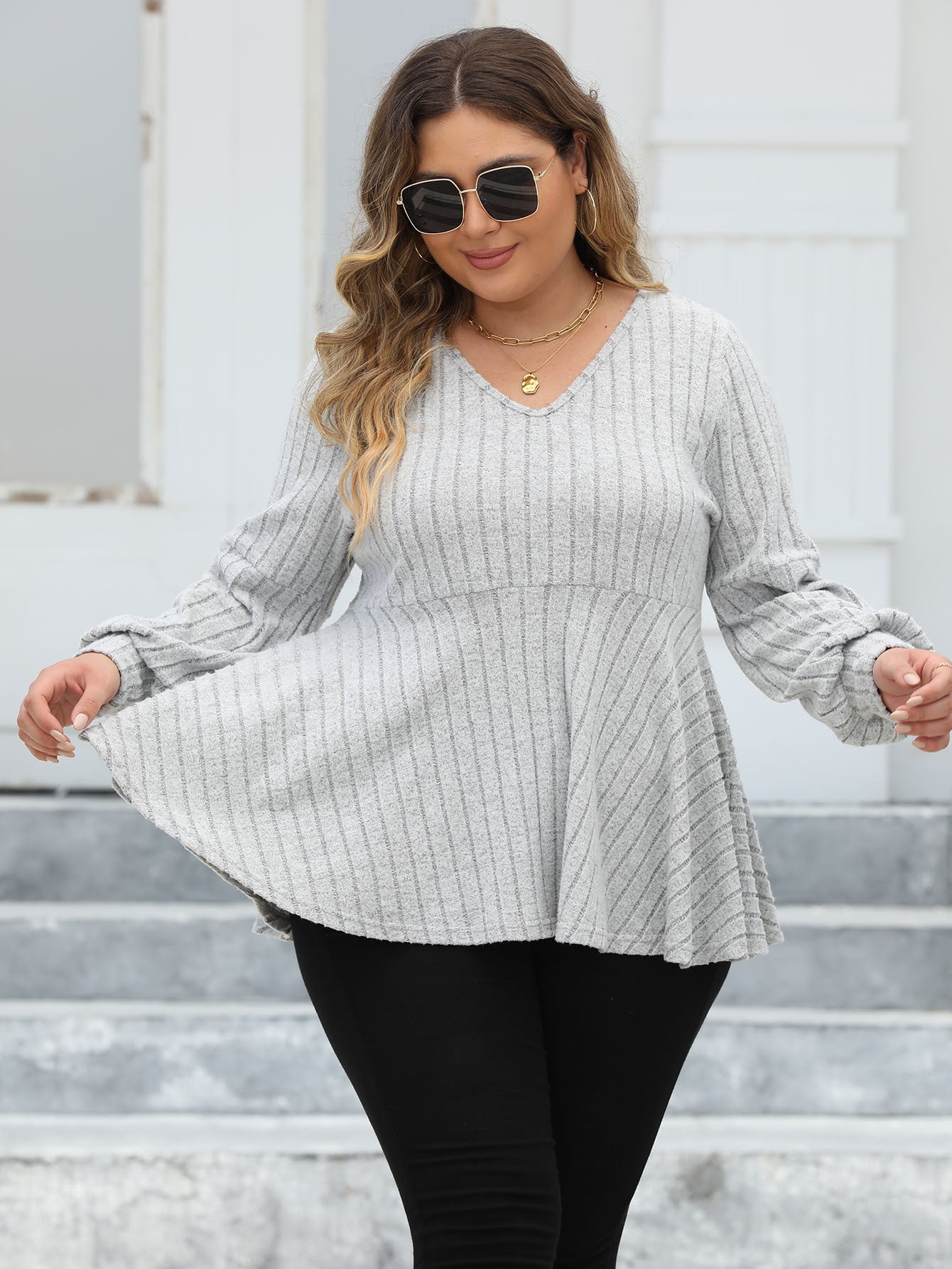Women's Plus Size Tops Spring And Autumn V-Neck Ribbed Lantern Sleeve T-Shirt Basic Shirt 7