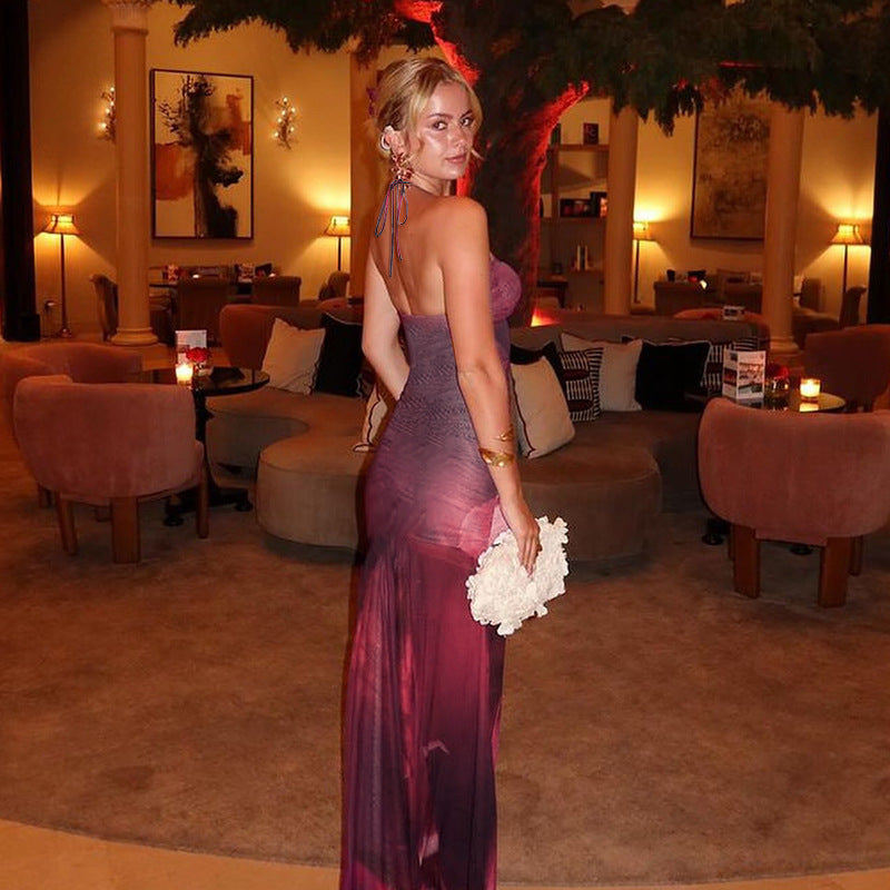 Women Spring Mesh Print See-Through Gathered Lace-Up Backless Bodycon Dress 4