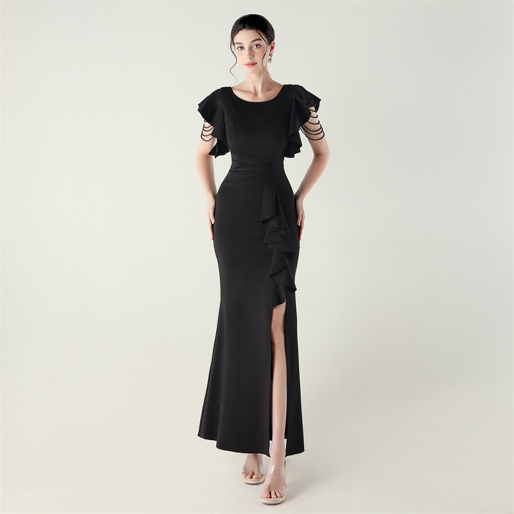 Women beaded tube V neck ruffle draped bead chain bead formal party evening dress 11