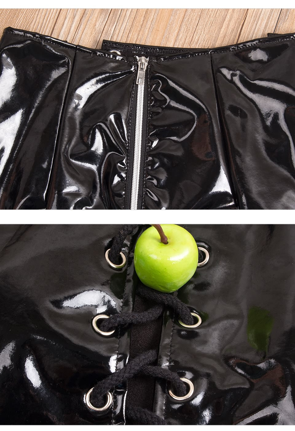 Women Sexy Lace-Up Cutout PU-Leather Top and Skirt Two-Piece Set 4