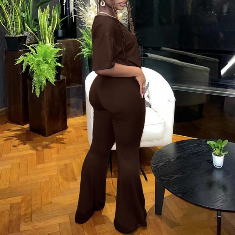 Fashion Loose T-Shirt Long Wide-Leg Pants Two-Piece Suits For Women 3
