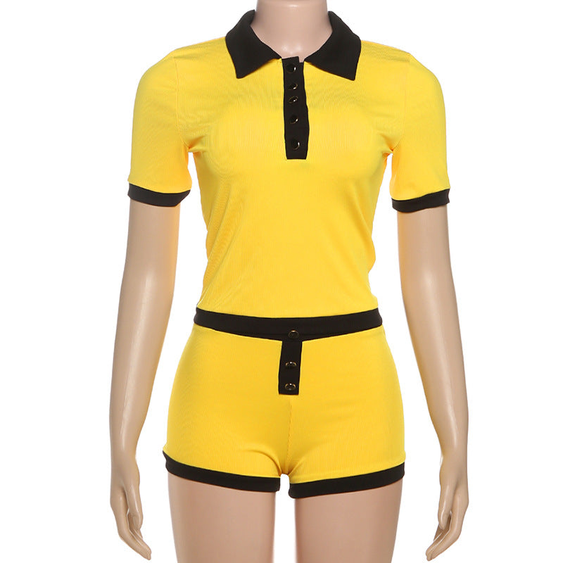 Summer Women's Short-Sleeve Turndown Collar Top with Bodycon Shorts Set 28