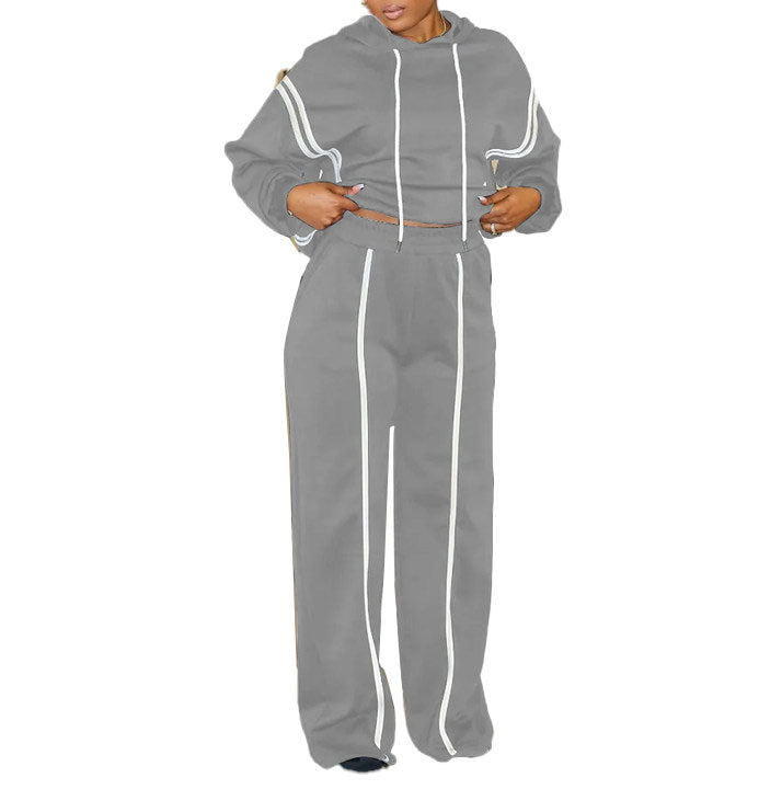 Ribbon Patchwork Hooded Hoodies Pants Two-Piece Tracksuit 11