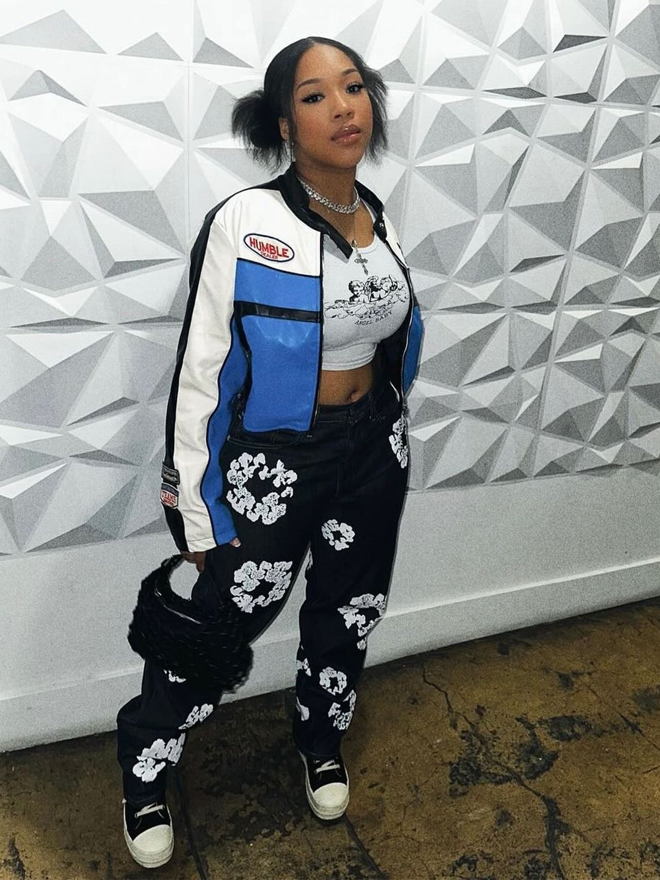 Women's Fashion Stretch Denim Fabric Flower Print Denim Trousers 3