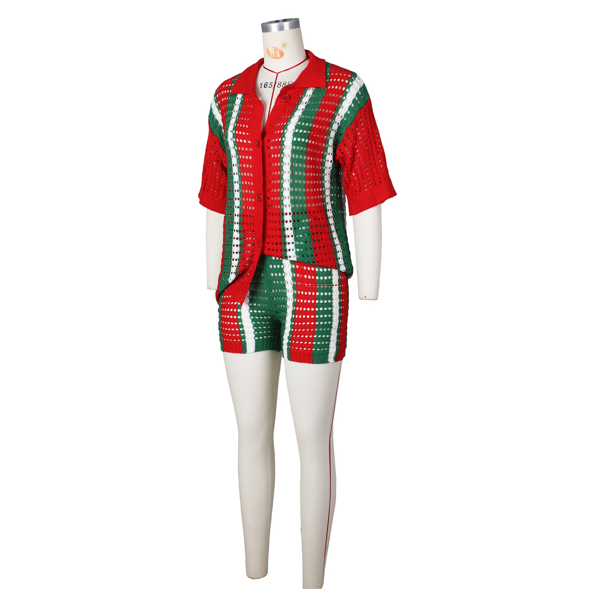 Women Sexy Cutout See-Through Contrasting Color Turndown Collar Top and Shorts Two-Piece Set 13