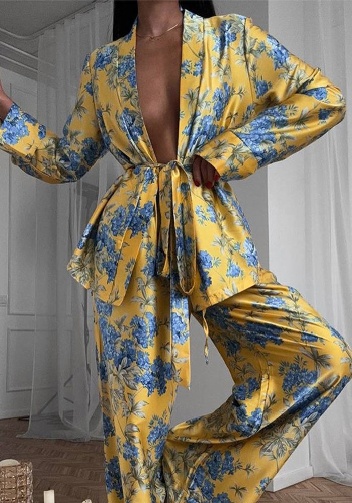 Women Autumn and Winter Satin Print Long Sleeve Lace-Up Top Wide Leg Pants Two-Piece Set