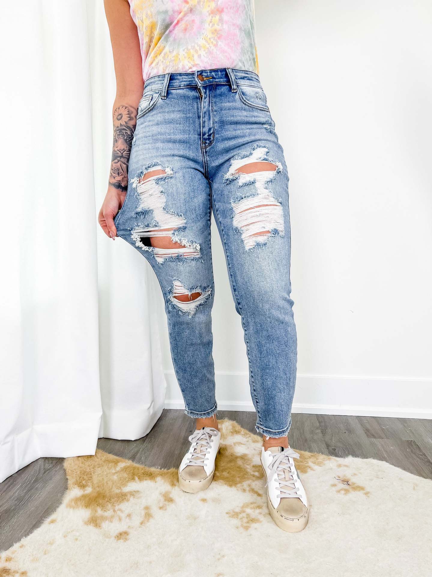 Light Color Tight Pants Women's Pants Street Mid-Waist Skinny Long Ripped Denim Trousers