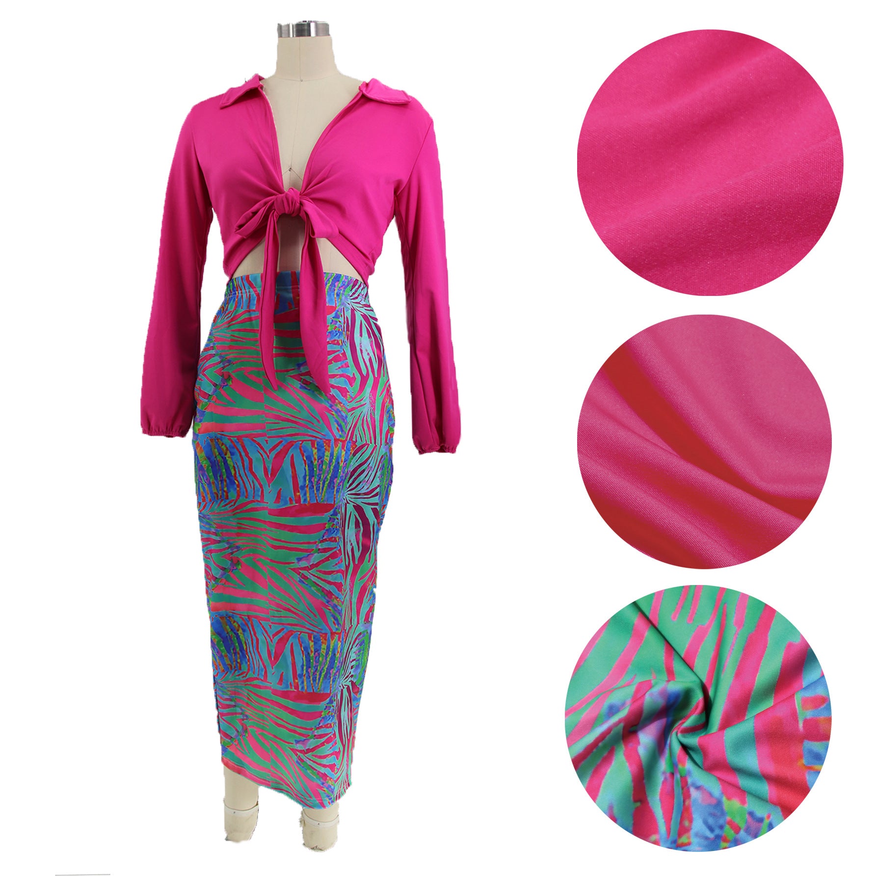 Women'S Fashion Solid Long Sleeve Tied Shirt Multi-Color Print Bodycon Skirt Two-Piece Set 3