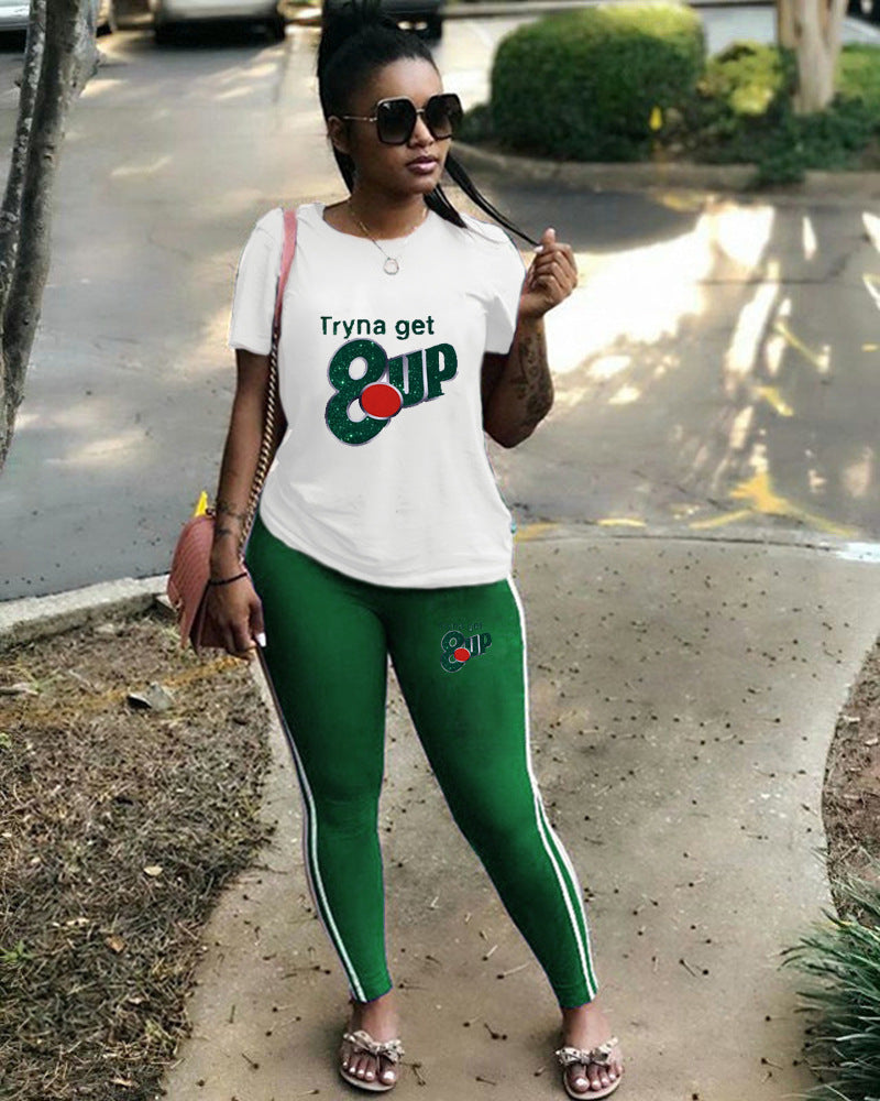 Women Casual Solid Print Short-Sleeved Top and Pants Two-Piece Set 4