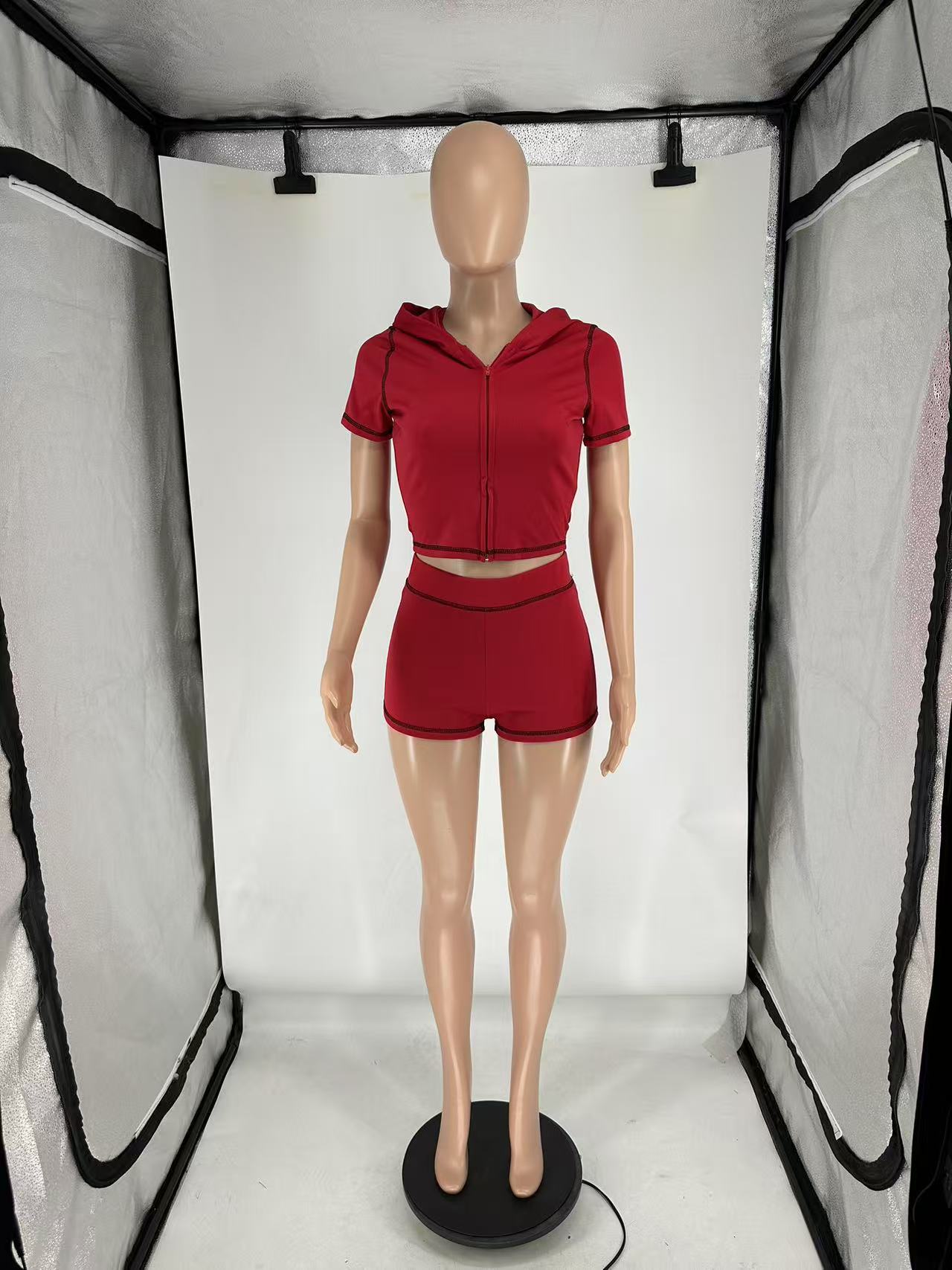 Summer Zipper Hooded High Stretch Sports Casual Short Sleeve Two Piece Shorts Set 17