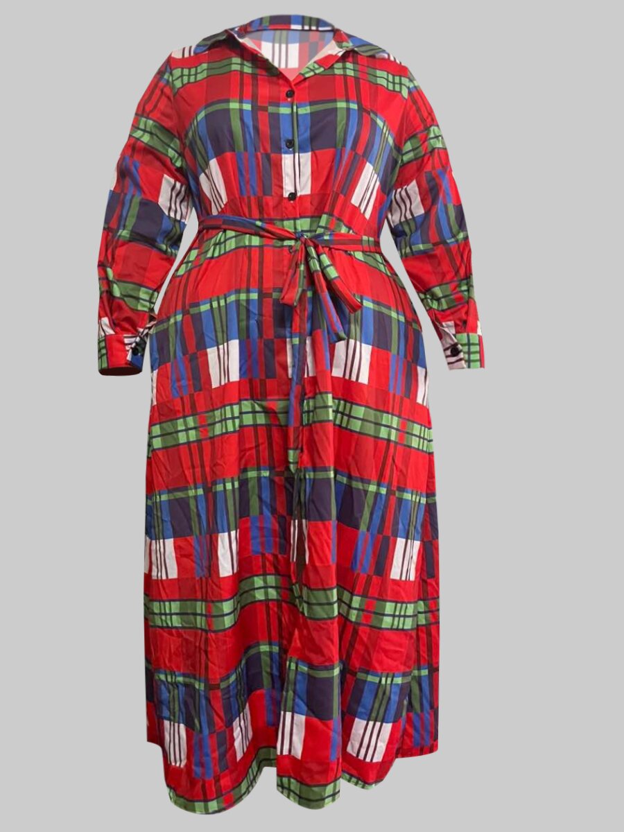 Plus Size Women Plaid Long Sleeve Dress 4