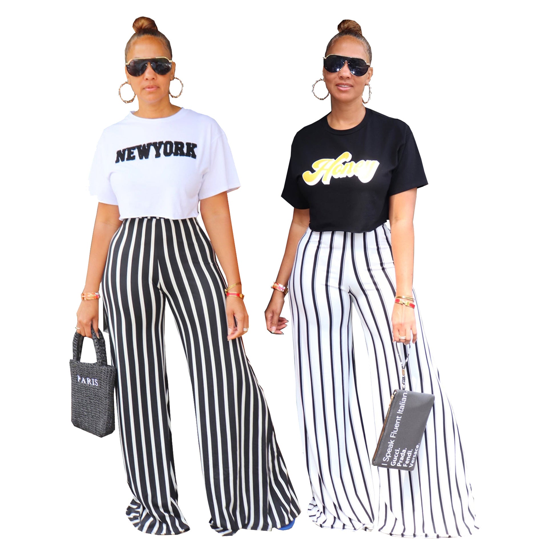 Women's Striped Print Loose Wide Leg Pants Straight High Waist Slim Fit Casual Pants 6