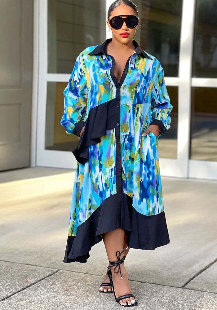Autumn Print Ruffled Patchwork Irregular Loose Casual Plus Size Shirt Dress