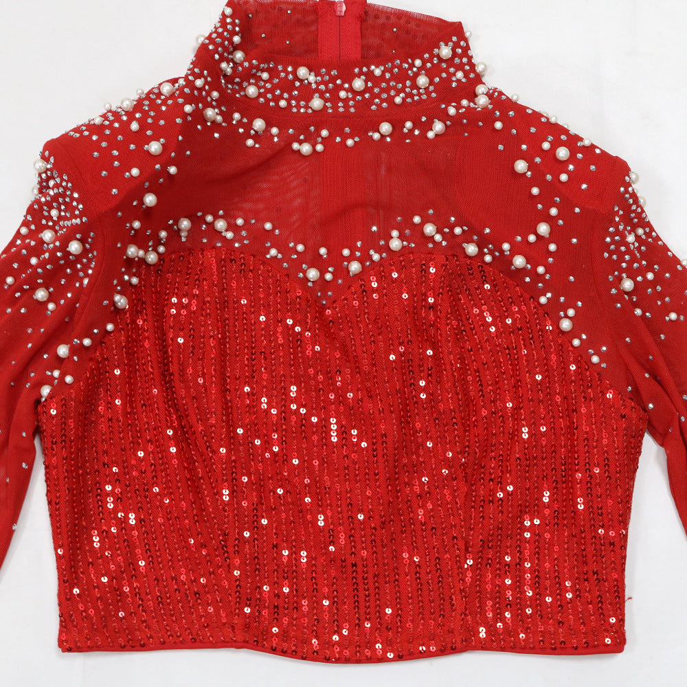 Fashionable Round Neck Mesh sequined long-sleeved top high slit skirt two-piece set for women 19