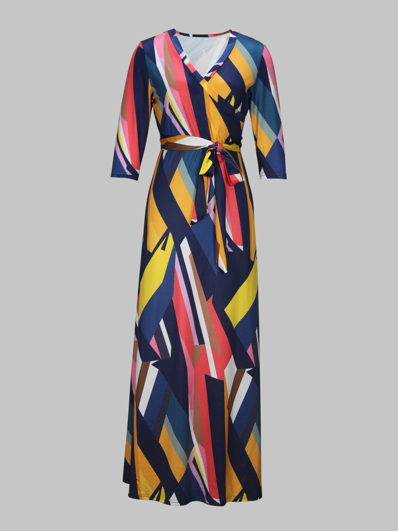 Spring & Autumn Women's Fashion Elegant Wrap V-Neck Half-Sleeve Print Belt Maxi Dress 113