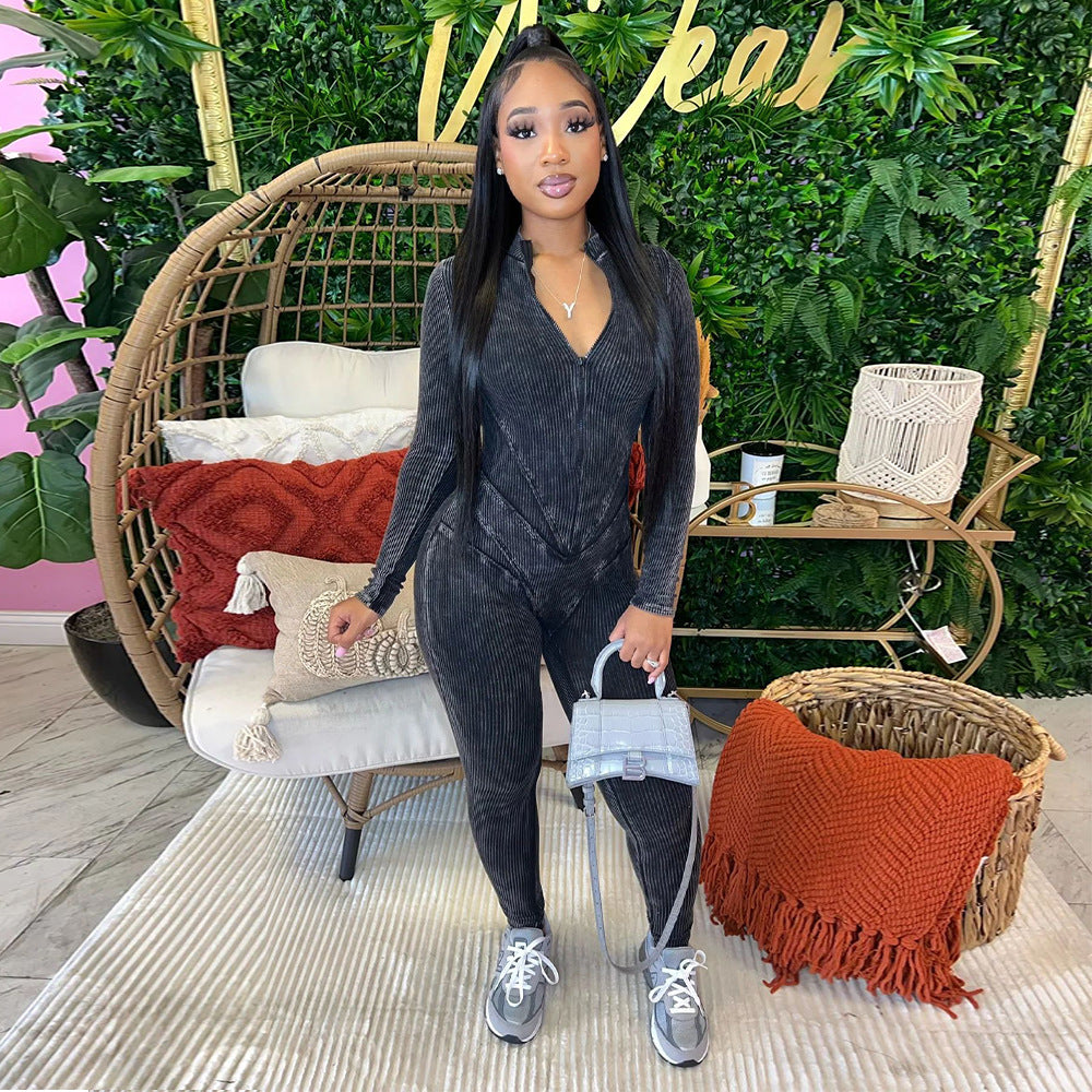 Women's Ribbed Printed Sexy V-Neck Tight Fitting Zipper Jumpsuit