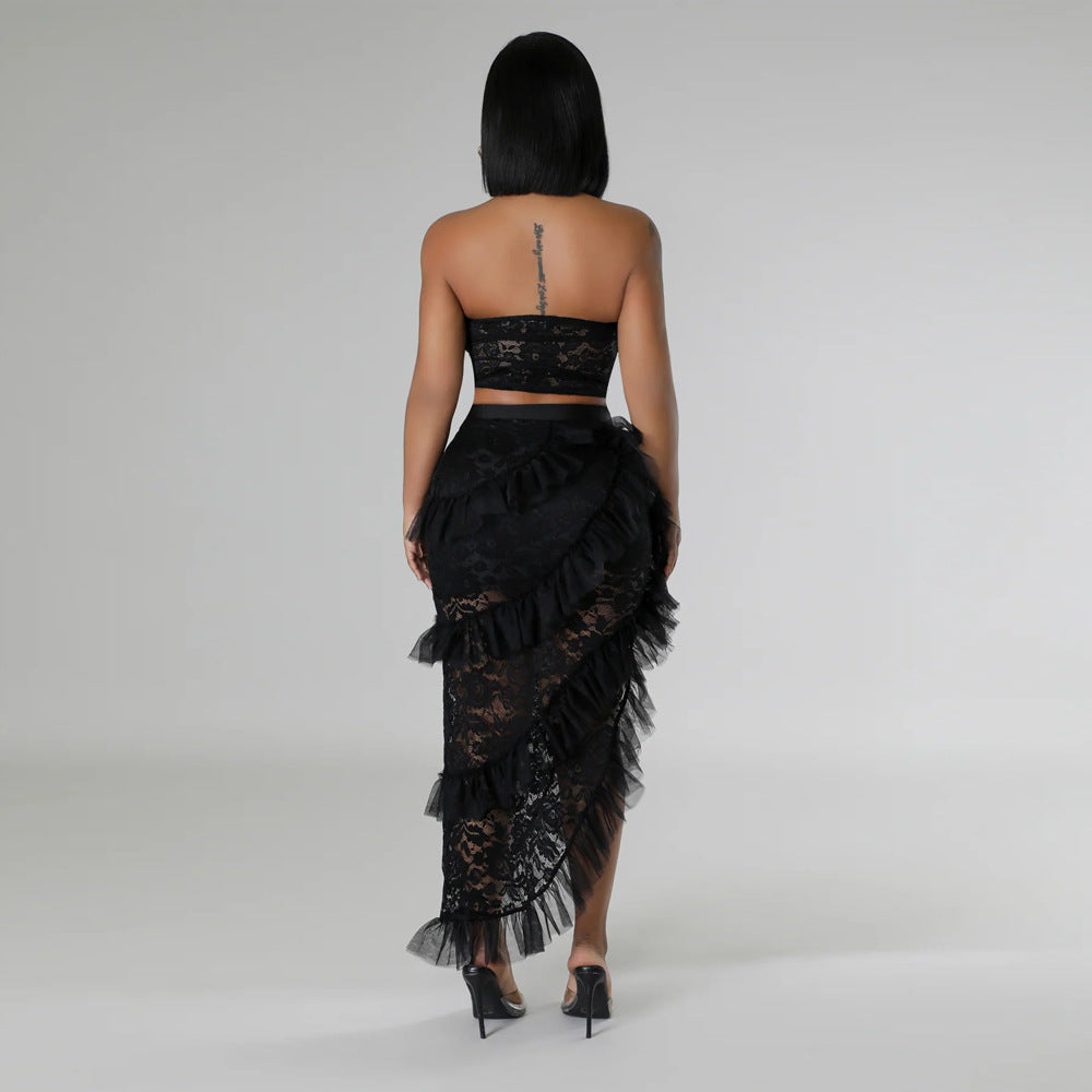 lace Strapless top irregular skirt solid color women two-piece set 15