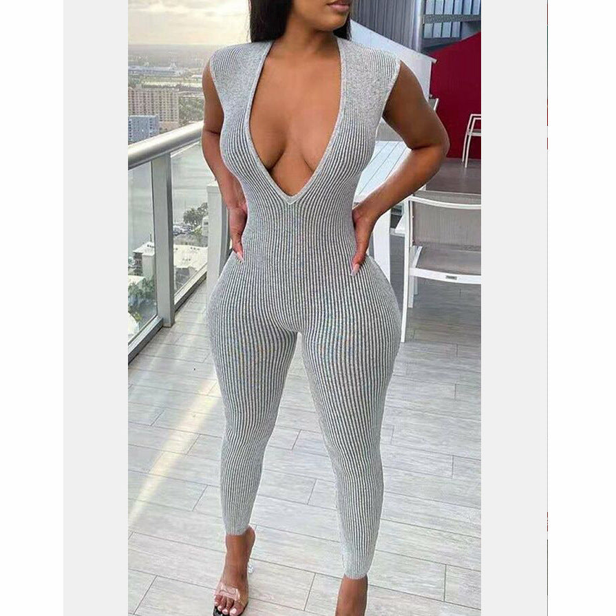 Solid Color Sexy Deep V-Neck Low-Cut Tight Fitting Women's Jumpsuit 10