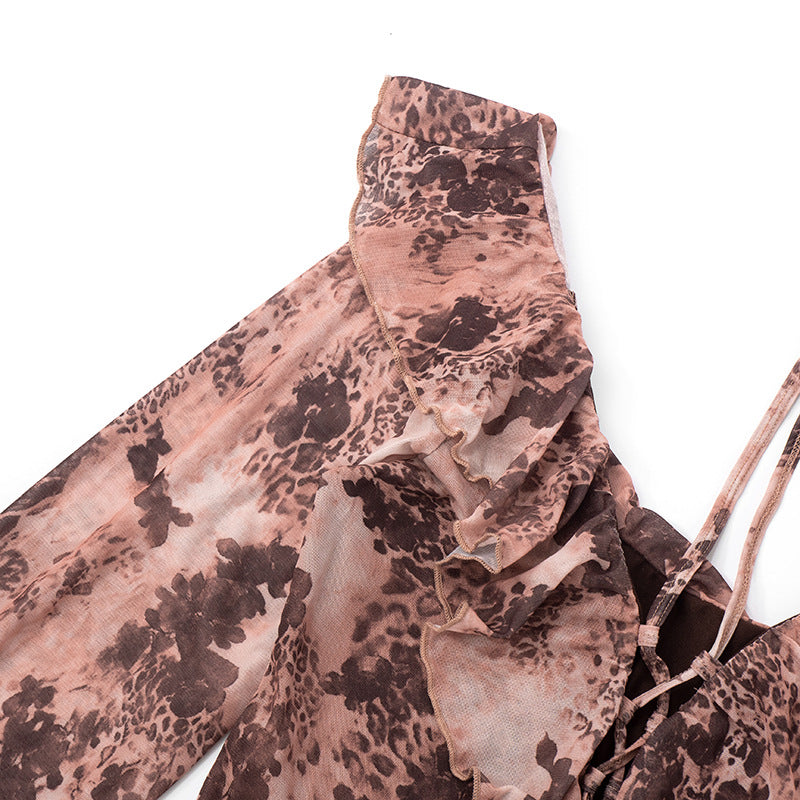 Women Summer/Autumn Ruffled Collar Long-Sleeved Mesh Leopard Print Off-The-Shoulder Pleated Dress 22