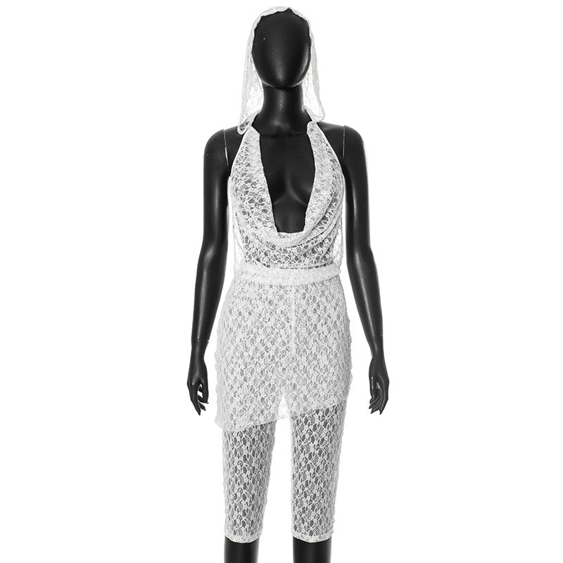 Women's spring and summer lace hood Halter Neck deep pile collar  Low Back Patchwork Dress and pants set 6