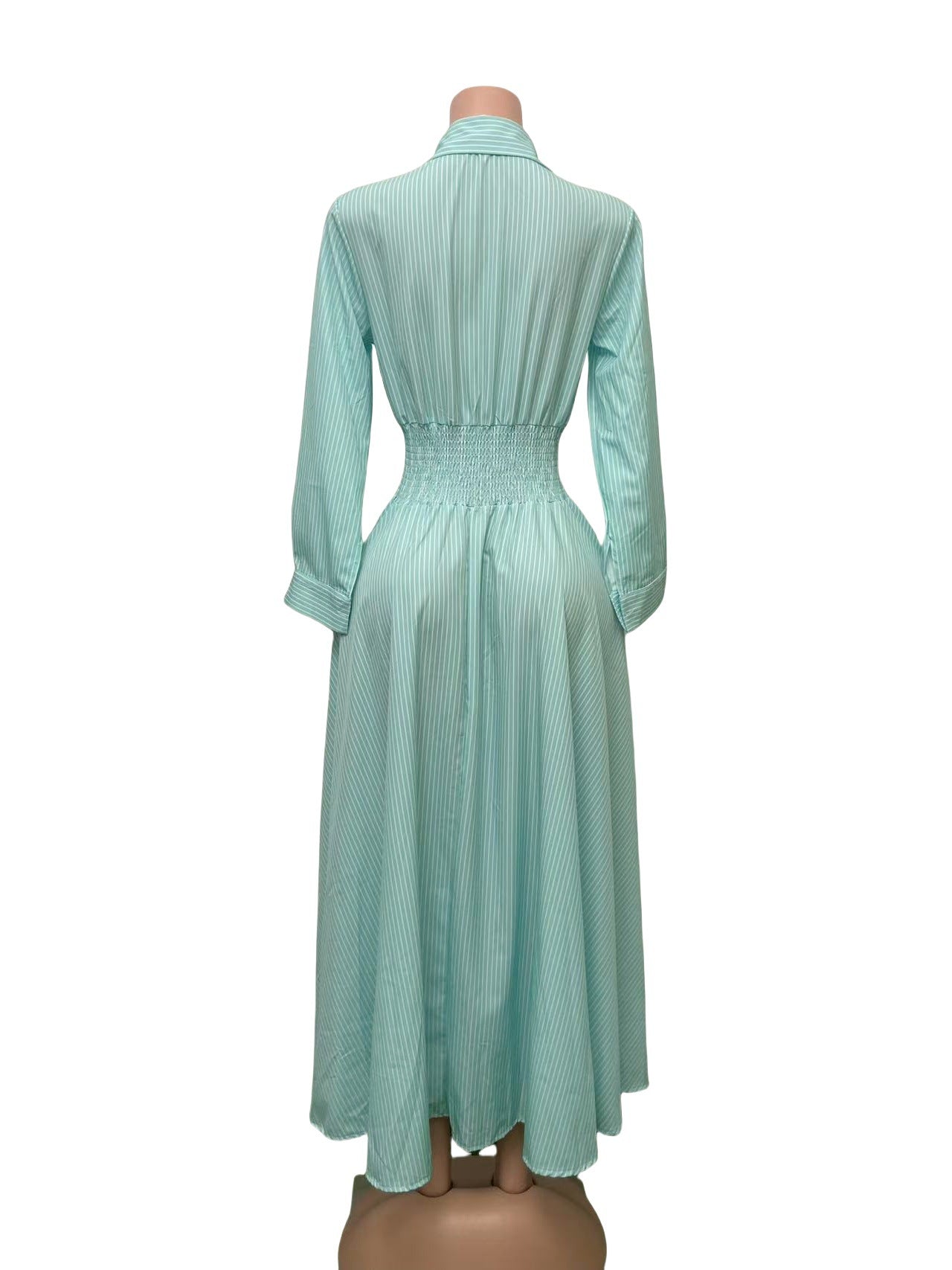 Striped Turndown Collar Long-Sleeve Button Slim Waist A-Line Gown 15