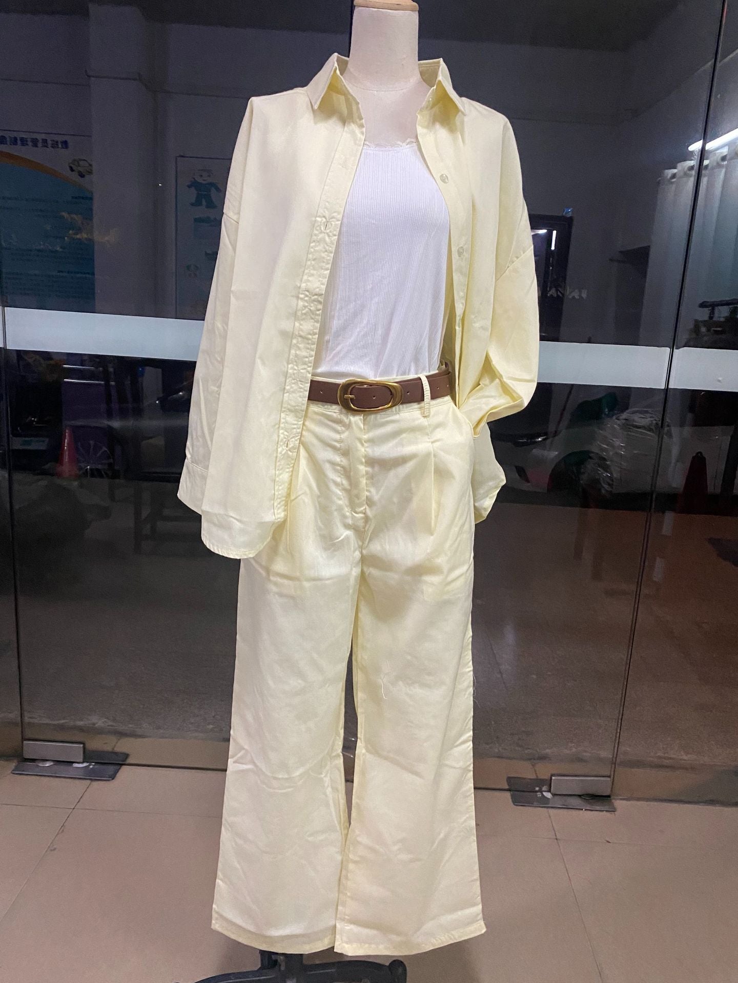 Women's Fashion Linen Solid Color Loose Long-Sleeve Blouse & Casual Pants Set 9