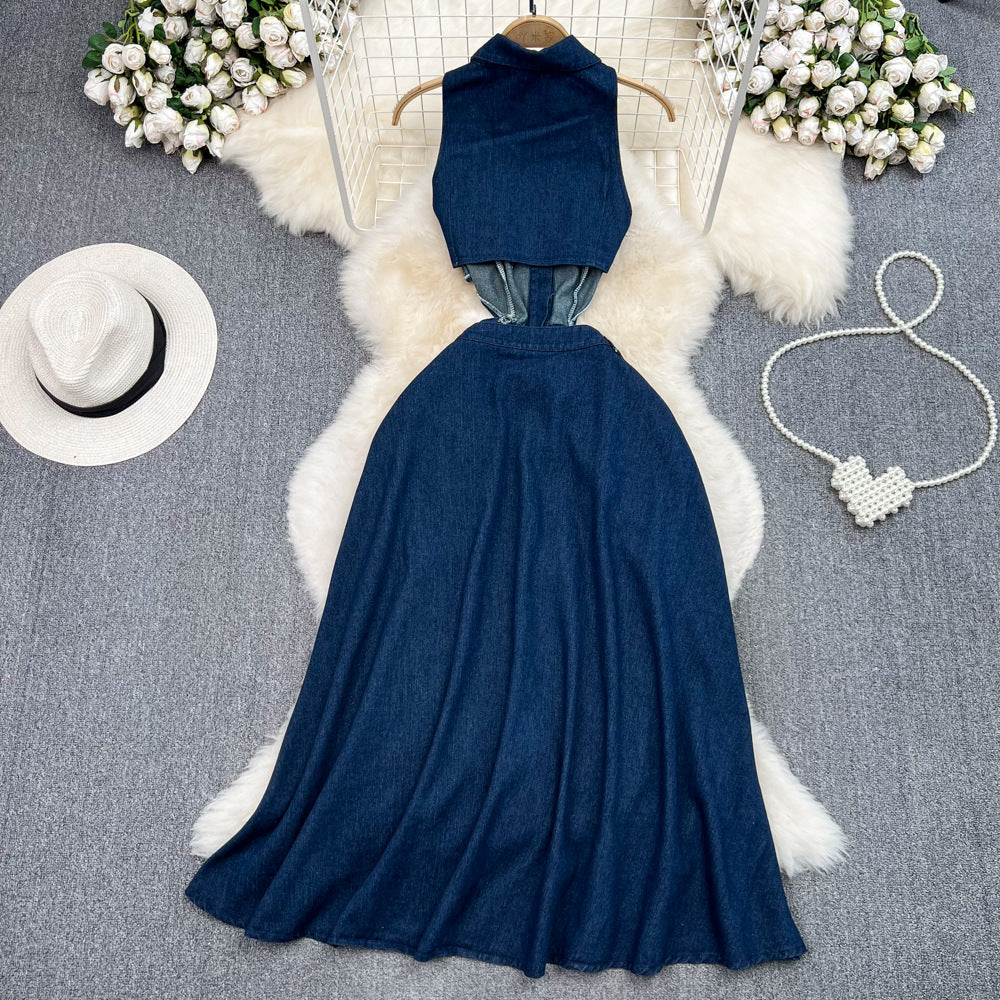 Turn-Down Collar Denim Dress Cut-Out Waist Slim Fit A-Line Slit Casual Long Dress 5