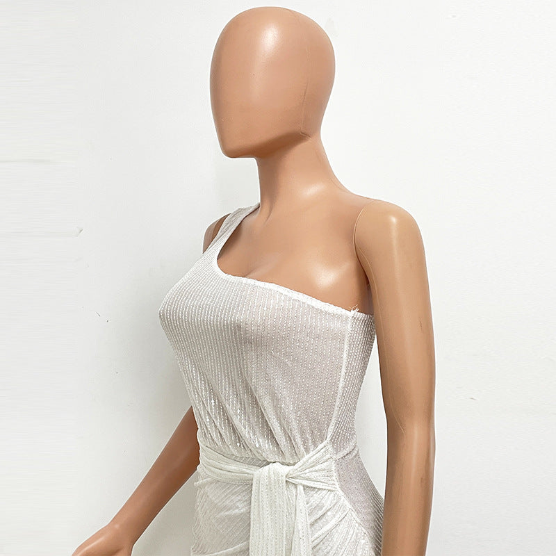 Women's One-Shoulder Lace-Up Sequined Evening Dress 43