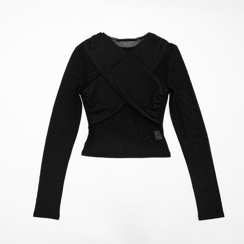 Women Autumn/Winter Cross-Gathered Double-Collared Top and See-Through Mesh Skirt with Three-Piece Knee Pads 16