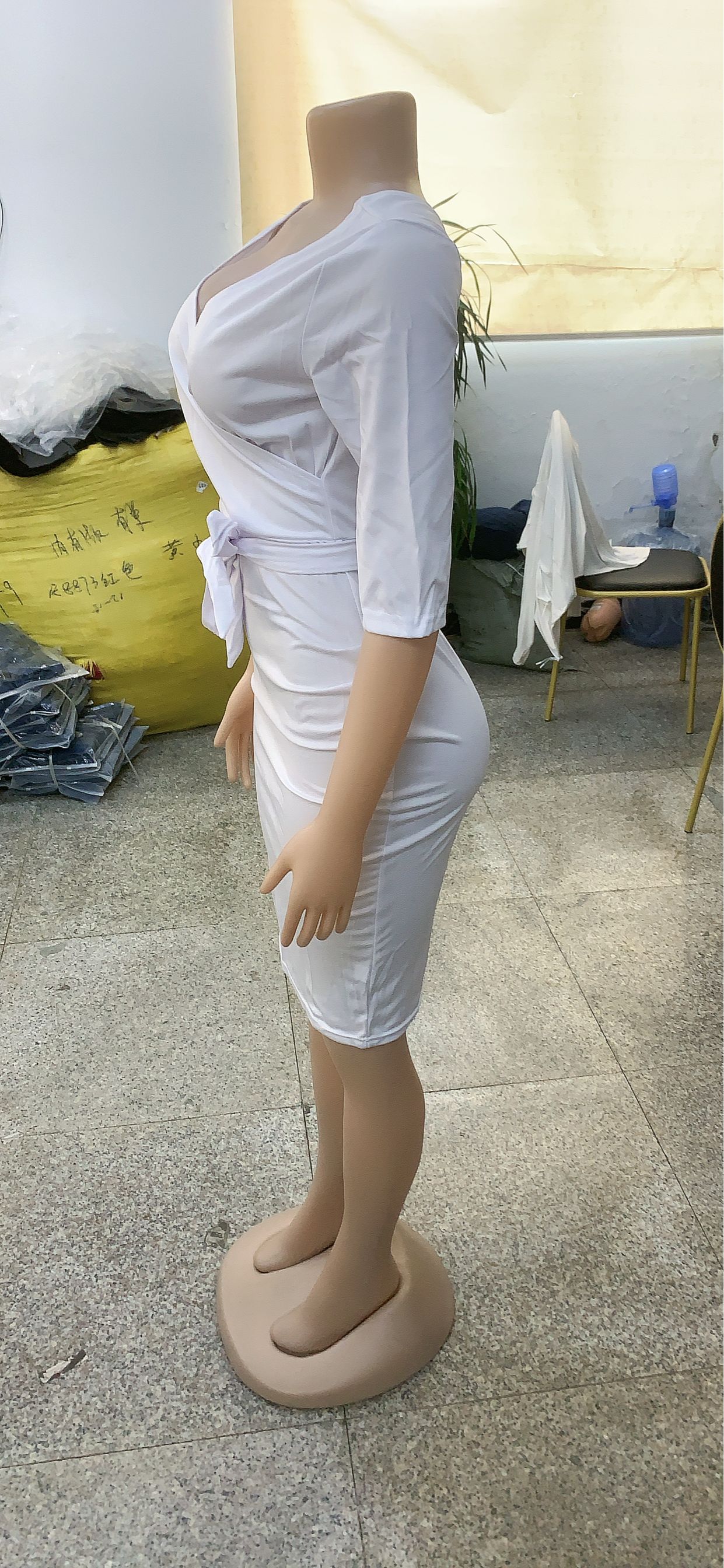 Women Sexy Solid Lace-Up V-Neck Mid Sleeve Dress 23