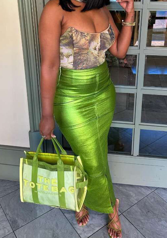 Sexy Bodycon invisible zipper slit skirt leather skirt