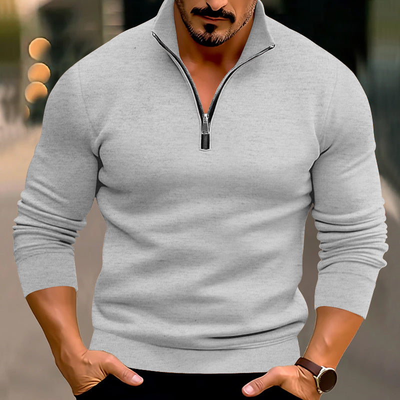 Spring And Winter Men's Casual Solid Color Long-Sleeved Zip Stand Collar T-Shirt Tops For Men 12