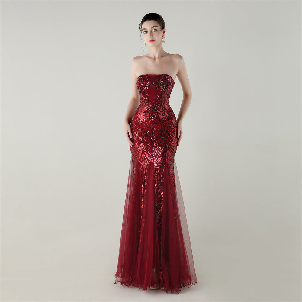 Women Strapless cross Lace-Up sequined tube flower sequined mesh evening dress Formal Party evening dress 7