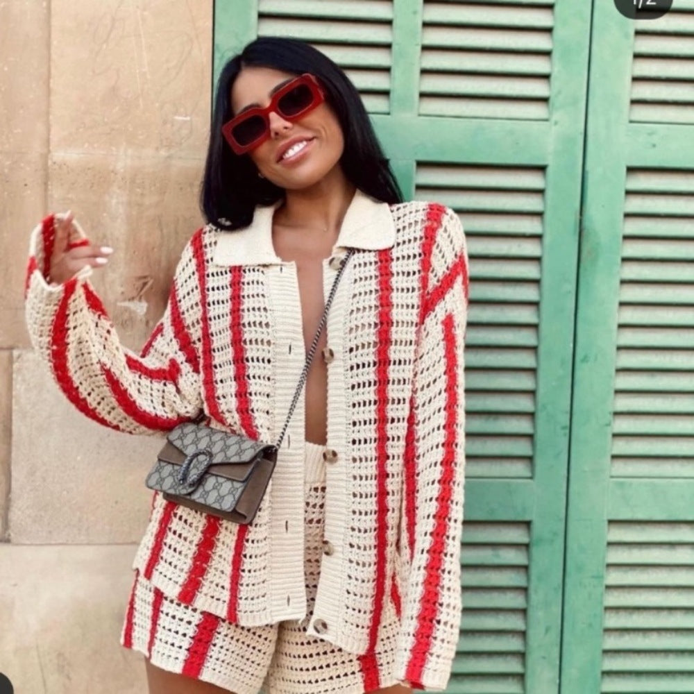 Women Turndown Collar Button Stripe Sweater + Shorts Two-Piece Set 7