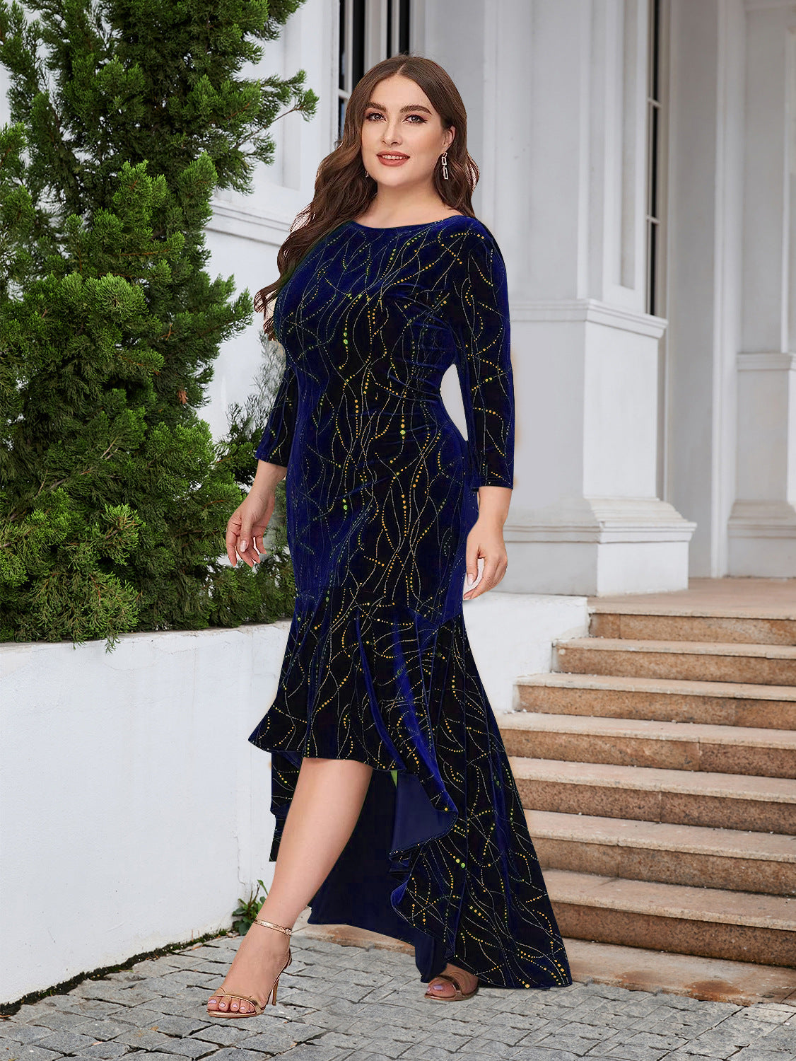 Women's Plus Size Three Quarter Sleeve Mermaid High Low Hem Long Velvet Formal dress 23