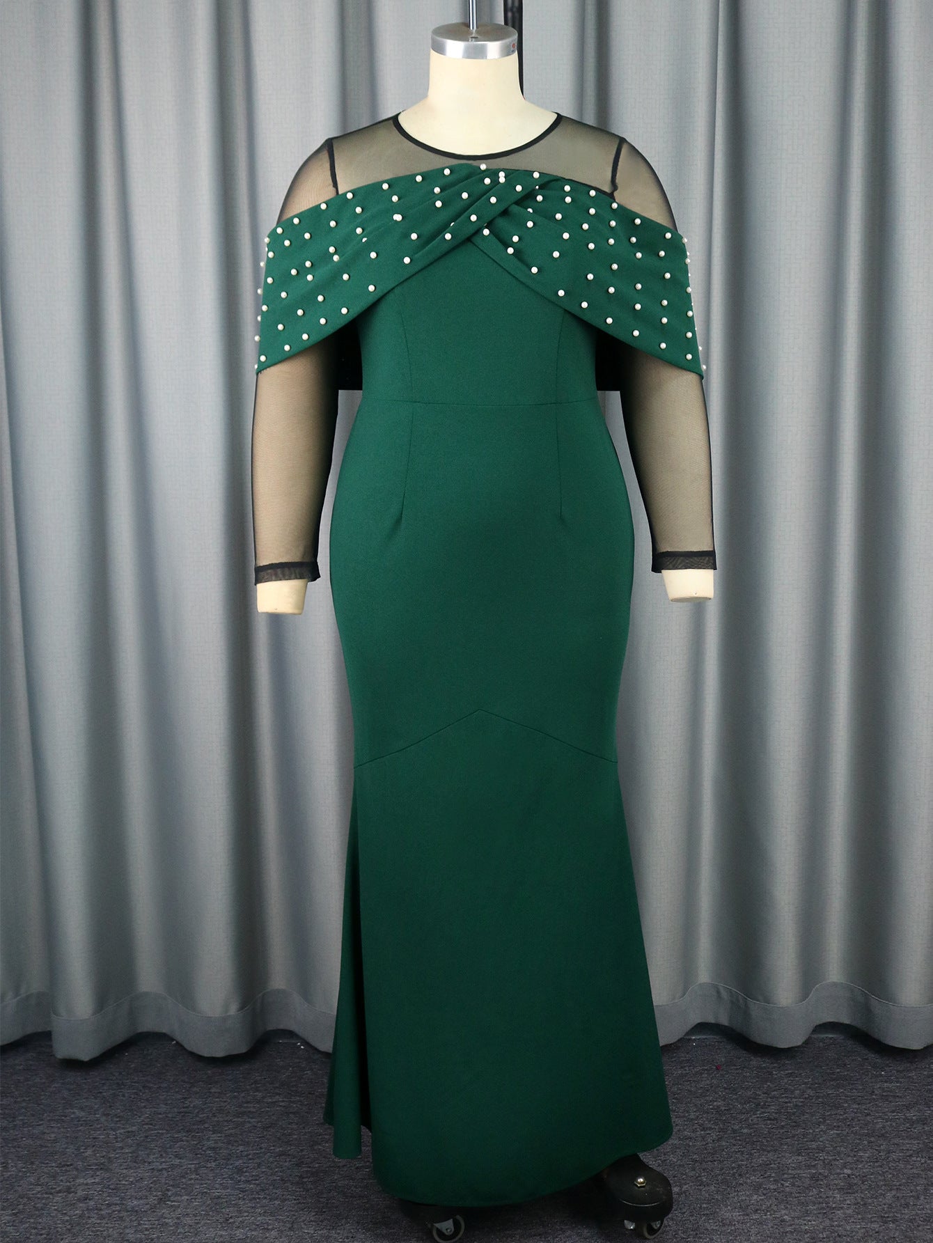 See-Through Long Sleeve High Waist Elegant Beaded High Waist Party Evening Long Dress 3