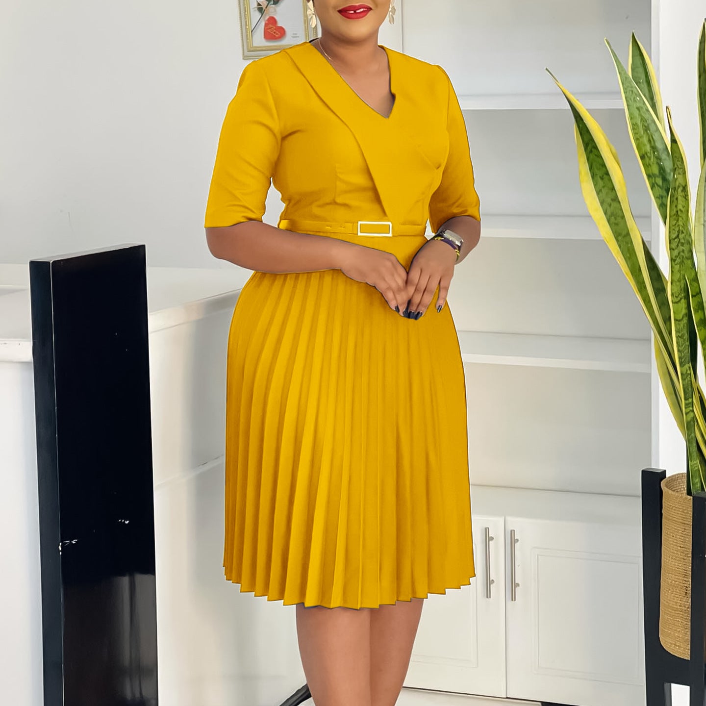 Women's Summer Fashion V-Neck Solid Color Plus Size Pleated African Dress 4