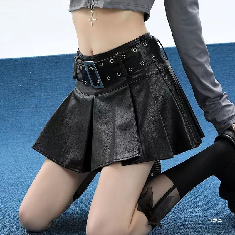 Women Autumn and Winter Black PU Leather Pleated Skirt 4