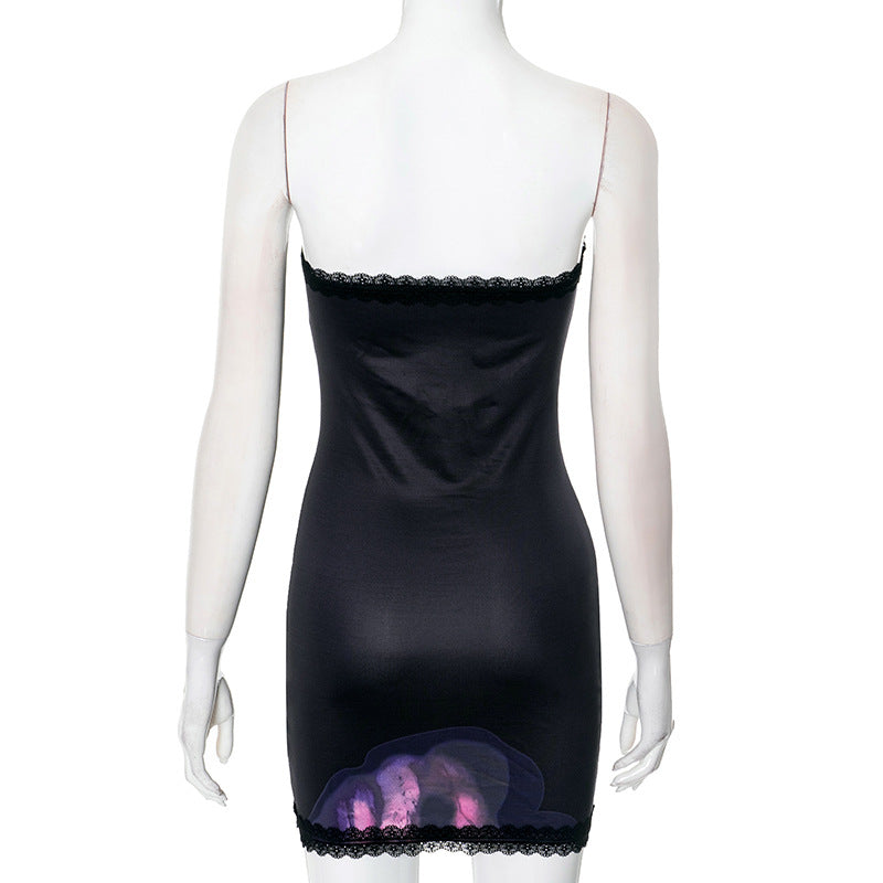 Women Spring and Summer Strapless Floral Print Lace Slit Bodycon Dress 8