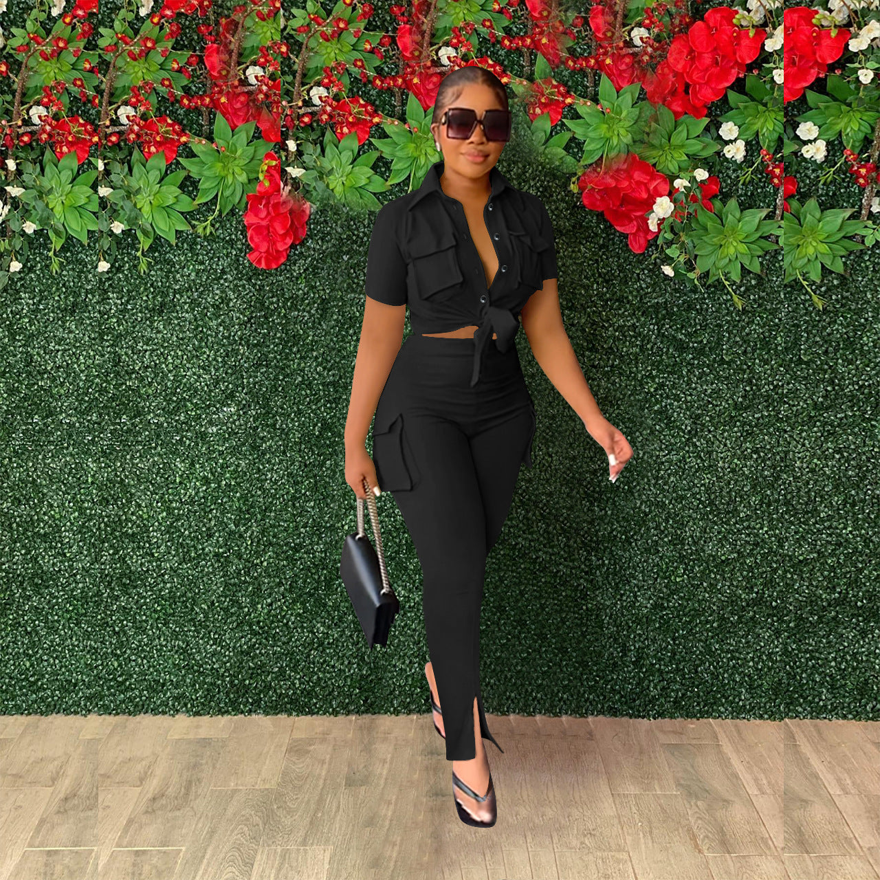 Women's Casual SOLid COLor  Short Sleeve Shirt Slit Trousers Two Piece Set 5