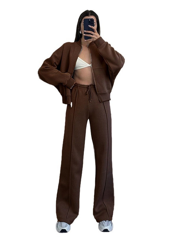 Autumn and Winter Solid Color Zipper Top Women's Fashion Casual Straight Pants two piece set 10