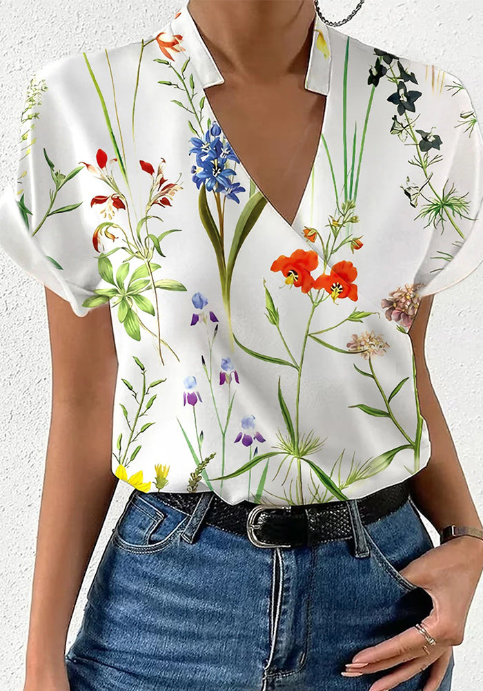 Summer Loose V-Neck Stand Collar Printed Short Sleeve Shirtwomen's Clothing