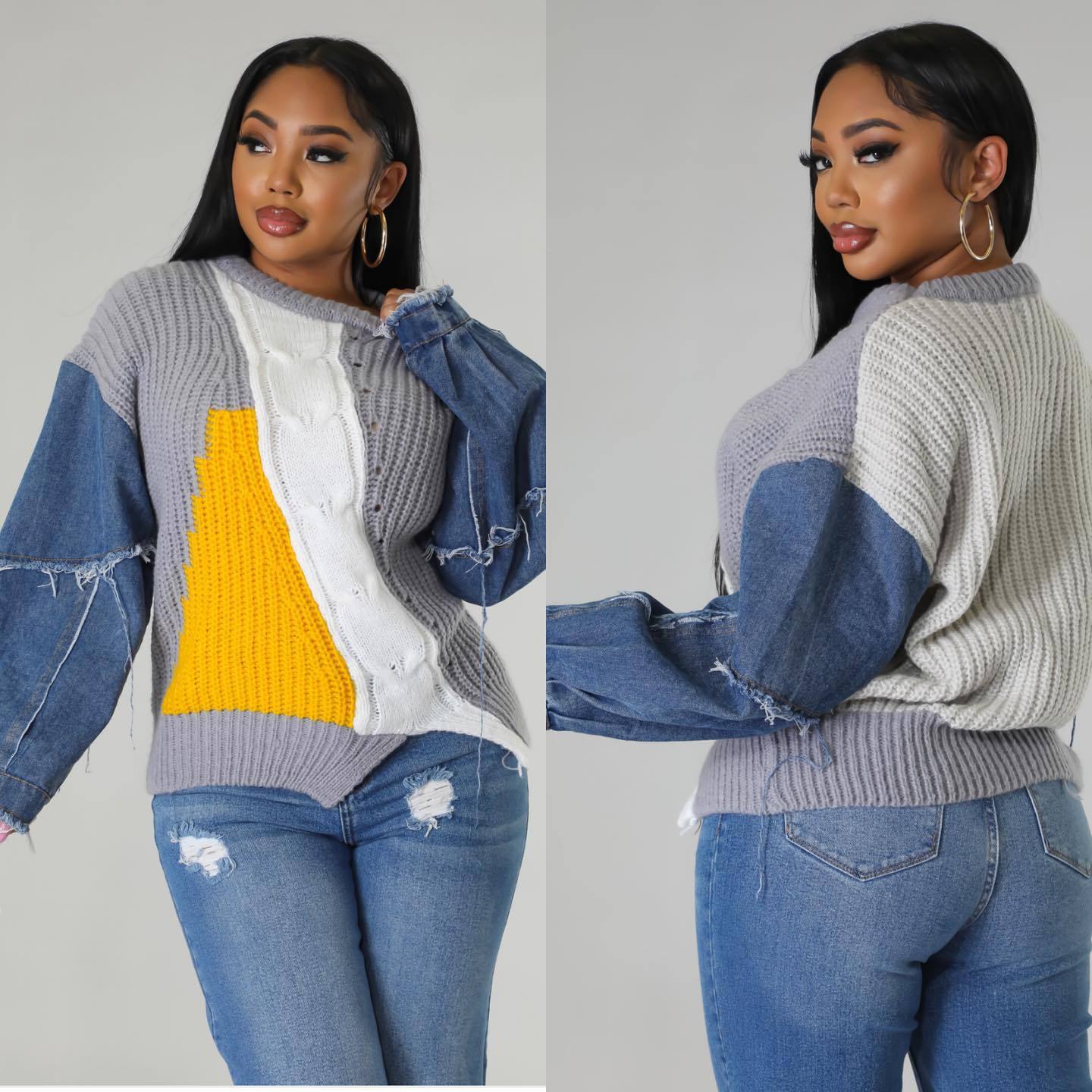 Women Long Sleeve Denim Patchwork Sweater 6