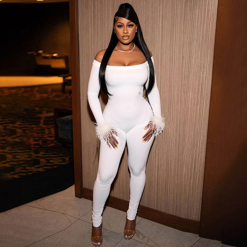Women's Autumn Winter Solid Color Off-Shoulder Furry Long Sleeve Slit Leg Sim Tight Jumpsuit 10