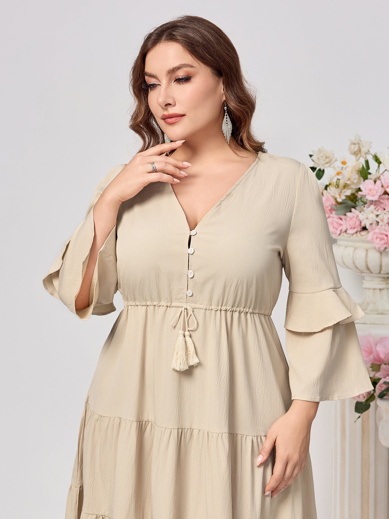Plus Size Women V-neck Solid Dress 6