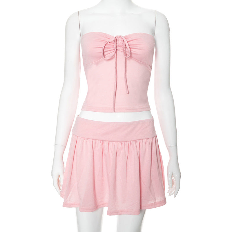 Women's Summer Strapless Low Back Ruffled Casual Two Piece Skirt Set 14