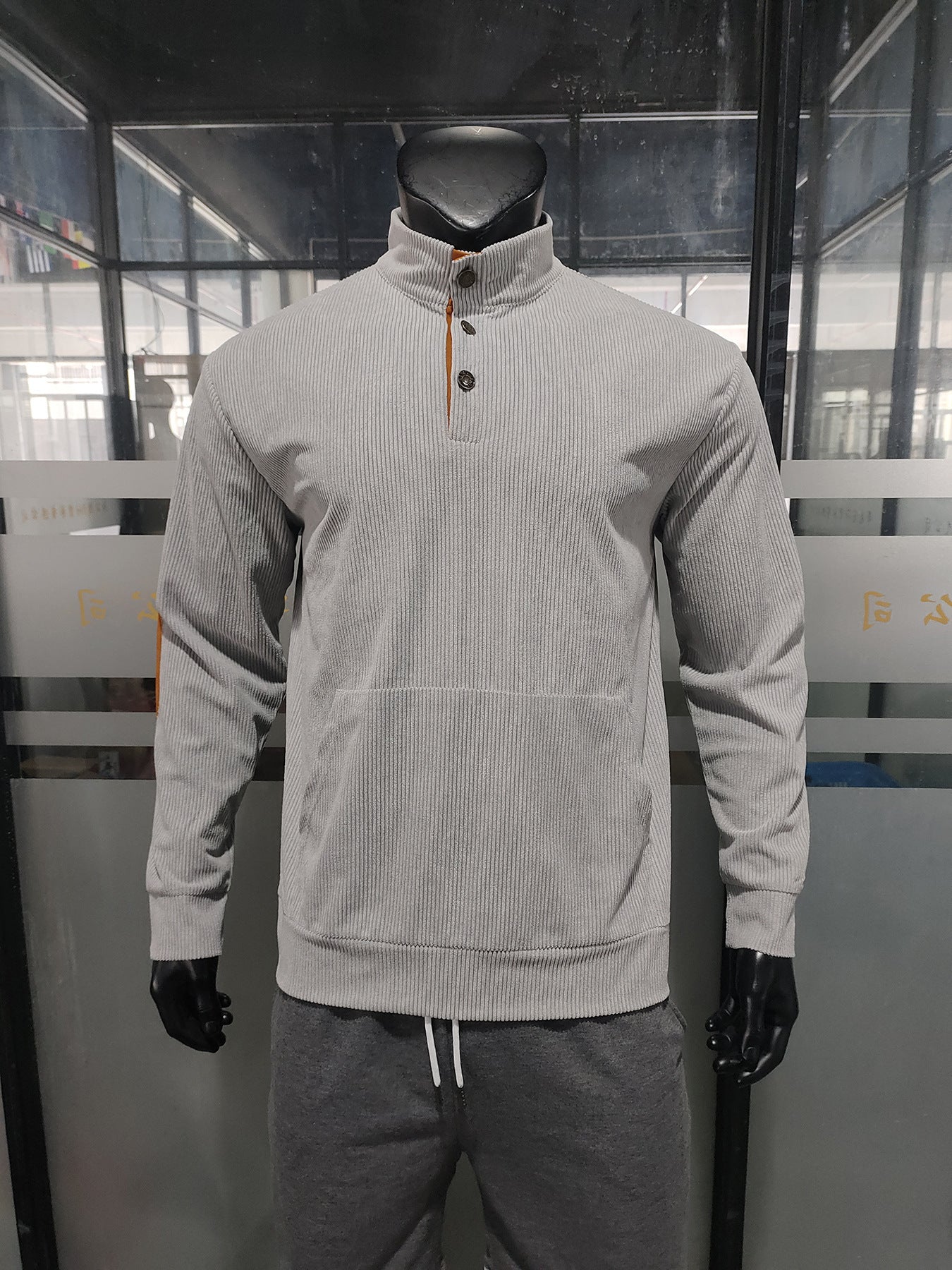 Men's corduroy Casual Stand Collar long-sleeved pocket Hoodies 36